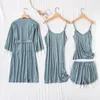 Mulheres sleepwear pijamas mulheres outono verão seda cetim manga longa fina simples estilo europeu americano senhoras nightgown robe conjuntos terno