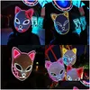 Masques de fête Demon Slayer Glowing El Wire Masque Kimetsu No Yaiba Personnages Cosplay Costume Accessoires Japonais Fox Halloween LED Dro Otwjk