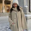 Misto lana da donna Cappotto in cashmere con giuntura da donna con sciarpa Chic manica lunga trapuntata solida giacca spessa allentata 2023 Autunno Inverno caldo StreetwearL230927