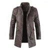 Jaqueta masculina de couro de motocicleta de comprimento médio com veludo casual slim fit corta-vento com gola alta