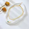 Choker 316L Edelstahl Einfacher Charme Kreative Retro Türkis Feder Doppelkette Halskette Minimalistischer Schmuck Für Frauen