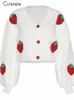 Damskie koszulki z dzianiny Śliczne truskawkowe kintted długie rękawa luźna pojedyncza płaszcz z piersi kobiety jesienna moda zagęszcza ciepły sweter sweter streetwear 2309925