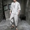 Men's Tracksuits Plus Size 5XL Cotton And Linen Half Sleeve T-shirt Cropped Trousers 2PC Set Solid Shirt Capri Pants Home Suits Male XXXXXL