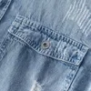 Camisas casuais masculinas retro angustiado lavagem denim camisa desgastada bainha cortada camisas de manga comprida botão para mulheres jaqueta jeans