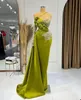 Evening Dresses Green Prom Party Gown Formal Mermaid Long Sleeve New Custom Plus Size Zipper Lace Up Applique One-Shoulder Satin Pleat Sequins