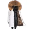 Mulheres pele falsa grossa quente real forro casaco de inverno mulheres longo parka impermeável grande gola de guaxinim natural capuz 230925