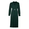 Casual Dresses Elegant Fall Pleated Midi Dress Stylish Lapel Design V-neck Slimming Cut Long Sleeves A Line For Weddings Cocktail Parties