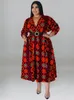 Plus size Dresses Perl Size for Women with Belt V Neck Print Casual Maxi Dress Elegant Fashion Streetwear Full Sleeve Outfit 230925