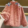 Women's Fur Winter 3D Flowers Embroidery Sequined Faux Coat Mink Velvet Beaded Flocking Jacket Spliced Cotton Padded Parkas