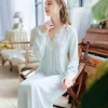 Women's Sleepwear Long-sleeved Sleeping Dress Spring/autumn Retro Court Style Princess Lace V-neck Cotton Long Pajamas Solid Color Pyjamas