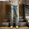 Mäns jeans amerikansk broderi rippade high street tiggar byxa sommar tunna ruffian stilig lös bred benbyxor manliga kläder 230926