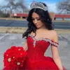 Quinceanera Kleider rot Perlenkristalle Tüll schnüren Rücken formelle Festzugskleid süße 16 Geburtstagsfeier Ballkleid bodenlange maßgeschneiderte Vestidos