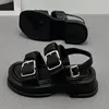 Dress Shoes 2023 Genuine Leather Black Leisure Platform Summer Sandals For Women Chic Square Heels