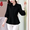 Damenblusen Hemden S-3XL Frauen im europäischen Stil Bürodame Arbeit Basic Hemd Rüschen Bauch Schwarz Tunika Schößchen Top Blusen 230923