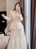 Tvådelad klänning H Han Queen Autumn kjol kostym kvinnor elegant koreansk snörning mode blazer lång mesh kjol avslappnad kvällsfest 2-stycken set 230925