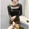 Camisetas para Mujer Otoño Invierno Ropa Europea Punto Camiseta Mujer Chic Sexy Estampado Patchwork Volantes Diamantes Tops Manga Larga