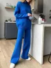Womens Two Piece Pants 2 Pieces Blue Women Sets Knitted Tracksuit Turtleneck Sweater and Straight Jogging Suits 230925