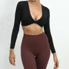 Camicie attive Top da allenamento a maniche lunghe da donna con imbottitura 2023 Lycra Sport Gym Sexy V Pilates Tops Abbigliamento Yoga Caffè blu