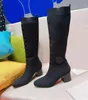 Kadınlar Diz Elastik Uzun Botlar Moda Örme Çoraplar Kumaş Gerçek Deri Yüksek Topuklu Ayakkabı Göster Partisi Düğün Martin Ayakkabıları 35-40