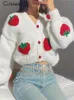 Damskie koszulki z dzianiny Śliczne truskawkowe kintted długie rękawa luźna pojedyncza płaszcz z piersi kobiety jesienna moda zagęszcza ciepły sweter sweter streetwear 2309925