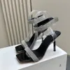 Najwyższej jakości buty Amina Muaddi Wysokie obcasy Sandały Kobiety moda dekoracja rhinestone kwadratowy palec palec palec przezroczysty PVC Film kostki designerskie buty sukienki