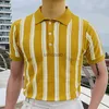 Koszulki sukienki letnia koszula biznes swobodny żółty w paski z krótkim rękawem Turn kołnierz Slim Fit S ropa hombre yq230926