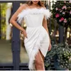 Günlük elbiseler tüy askısız mini parti elbise kadınlar seksi kolsuz yan bölünmüş kat kadın 2023 Sonbahar Kış Beyaz Lady Vestidos