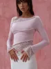 Blouses Femmes Chemises Absobe Sheer Dentelle Patchwork Asymétrique Crop Top Femmes Rose Crew Pétale À Manches Longues Slim T-shirt Cravate Tenue Automne Streetwear 230926