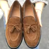 Dress Shoes Men Loafers Brown Cow Suede Solid Flats Round Toe Low-heeled Tassel Slip-on Fashion Business Casual Party Daily