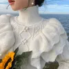 Suéteres de mujer Sueters Mujer Blanco Twists Tejer Suéter Top Grueso Primavera Otoño Ruffle Y2k Jersey de gran tamaño Jersey de cuello alto