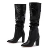 Mode Wit Zwart Vrouwen Knie Hoge Laarzen Sexy Puntschoen Vierkante Hakken Dames Lange Slip Op Vrouwelijke Schoenen 230922