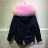 Kvinnors päls högkvalitativ rosa Big Raccoon Collar Outwear tjock ben Inside Jacka Kvinnor Vinter äkta huva kappa