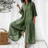 Dames Jumpsuits Rompertjes Harajuku Retro Effen Katoen Linnen Shirt Jumpsuit Nieuwe Lente Revers Knop Vrouwen Rompertjes Zomer Wijde Pijpen Broek Grote Zak Overalls L230926