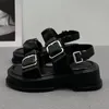 Dress Shoes 2023 Genuine Leather Black Leisure Platform Summer Sandals For Women Chic Square Heels