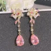 Kolczyki Dangle 14k Rose Gold Pink Topaz Stone Earring Familes Aros Mjer Oreja Orecchini Drop for Women