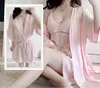 Mulheres Sleepwear Twinset Robe Set Mulheres Nightgown Loungewear Lace Bathrobe Vestido Nightdress Sleep Suit Verão Senhora Cetim Kimono Homewear