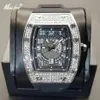 Missfox 2021 New Arrival Tonneau Men Watches Iced Out Out Out Full Diamond Rubber Strap Watch Hollow Dial Design Luxury Sport Male Clock223L