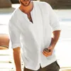 Camicie casual da uomo 2023 Camicia allentata a maniche lunghe con bottoni in cotone e lino moda Slim Fit Camicetta maschile in puro colore Top #3