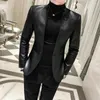 Mäns päls män högkvalitativ pu läderjacka 2023 fast färg mode smal kostym affär casual prom koreanska kläder