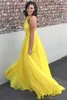 Akşam Elbise Sarı Prom Partisi Elbisesi resmi yeni özel artı boyutu fermuar dantel yukarı bir çizgi kolsuz yular şifon pilesi