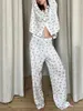 Vêtements de nuit pour femmes 2 pièces pyjama imprimé ensemble pour femmes mignon fraise motif de fruits floraux chemise pantalon boutonné tenues vêtements de détente