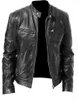 Men's Fur KALENMOS 2023 Autumn Winter Clothing Men Leather Jacket Brown Zip Stand Collar Slim Streetwear Moto Biker PU Coats Plus Size