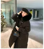 Women's Down Jacket Knee Hooded Coat Solid Color Long Winter Big Fur Collar Full Row Ox Horn Buckle Thick