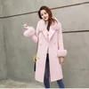 Women's Wool Winter Woolen Cloth Coat Women Clothing Fur Collar Thick Warm Sashes Slim Pink Trench Ropa Mujer 2023 Mid-length Female