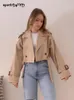 Women's Trench Coats Khaki Cropped Trench Women Long Sleeves Cropped Design Jacket Chic Lady High Street Casual Loose Coats Top Female 230926