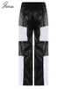 Women's Pants s Joskaa Patchwork Motorcycle Style Pu Leather Trouser Hipster V Shaped Waist Stretchy Straight 2023 Y2K Streetwear 230925