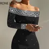 Basic Casual Dresses Women Elegant Glitter Geo Print Slash Neck Bodycon Long Sleeves Midi Black Dresses 230926