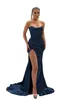 Blue Sexy Navy Mermaid Prom Dresses For Women Strapless Backless High Side Split Draped Pleats Sweep Train Formal Ocn Evening Birthday Party Pageant Gowns mal