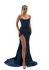 Blue Sexy Navy Sirène des robes de bal de sirène pour femmes sans bretelles sans dossier High Side Split Draped Ple qui balayait le train de fête d'anniversaire Ocn Fête Forme