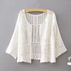 Jaquetas femininas mulheres primavera verão flare 3/4 mangas quimono cardigan oco out crochê malha xadrez renda cortada para jaqueta sol dropship